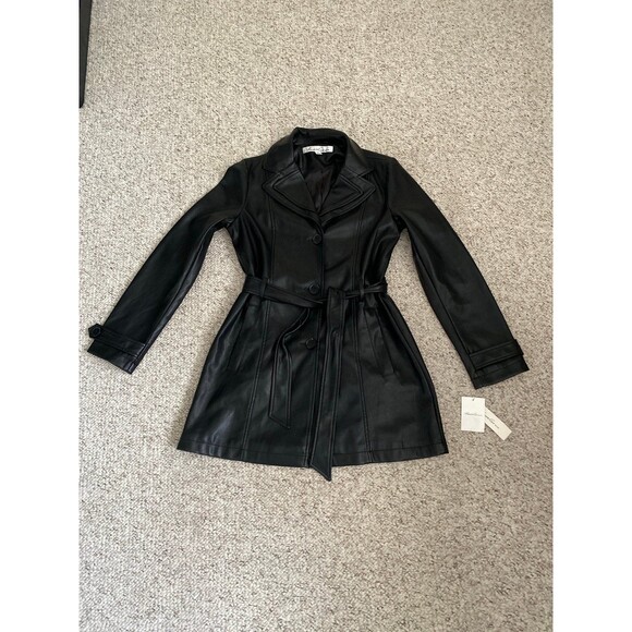 Kenneth Cole Black Faux Leather Trench Coat – Belted Longline Moto Chic M - Picture 2 of 12